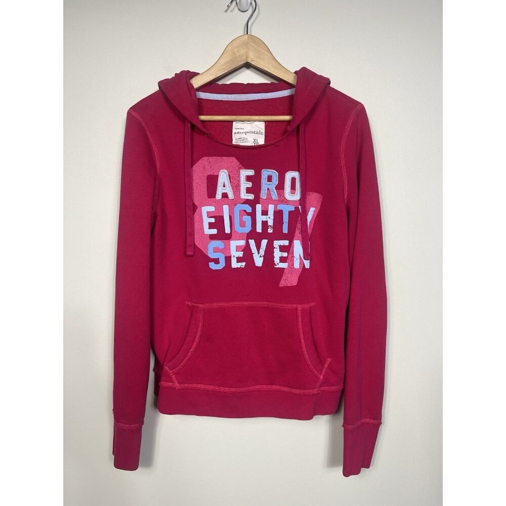 Vintage Y2K Aeropostale Hoodie Women XL Pink Pullover 87 Spell Out 2000s